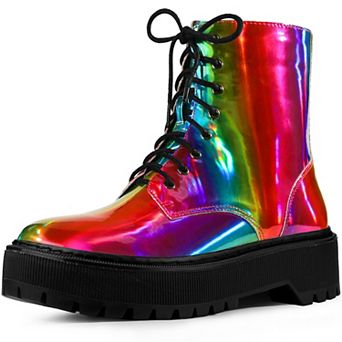 Women's Round Toe Platform Lace Up Colorful Combat Ankle Boots