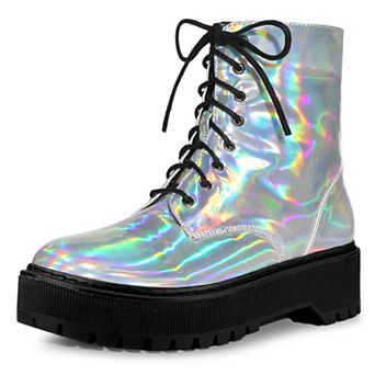 Women's Round Toe Platform Lace Up Colorful Combat Ankle Boots