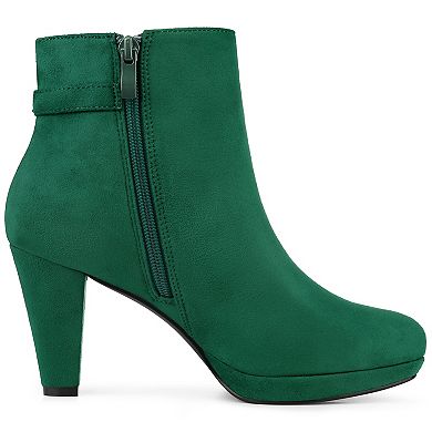 Women's Low Platform Side Zip Buckle Chunky High Heel Ankle Booties