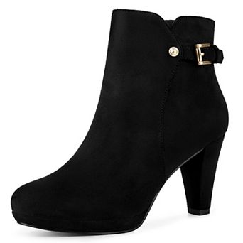 Women's Low Platform Side Zip Buckle Chunky High Heel Ankle Booties
