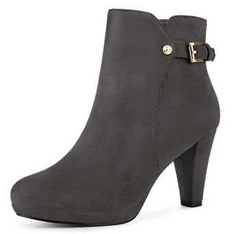 Women's Low Platform Side Zip Buckle Chunky High Heel Ankle Booties