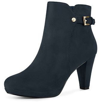 Women's Low Platform Side Zip Buckle Chunky High Heel Ankle Booties