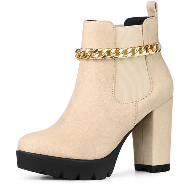 Women's Platform Gold Chain Chunky High Heel Chelsea Ankle Boots