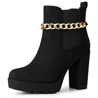 Women's Platform Gold Chain Chunky High Heel Chelsea Ankle Boots