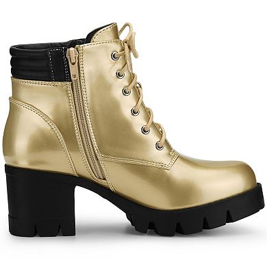 Women's Round Toe Chunky Heel Lace Up Zipper Combat Boots