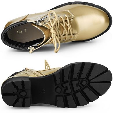 Women's Round Toe Chunky Heel Lace Up Zipper Combat Boots