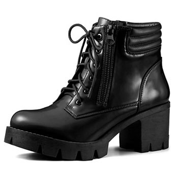 Women's Round Toe Chunky Heel Lace Up Zipper Combat Boots