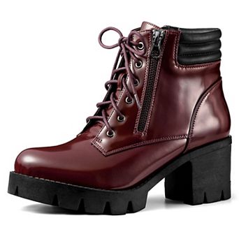 Women's Round Toe Chunky Heel Lace Up Zipper Combat Boots