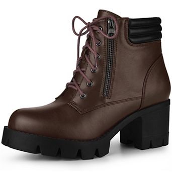 Women's Round Toe Chunky Heel Lace Up Zipper Combat Boots