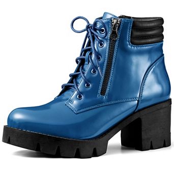 Women's Round Toe Chunky Heel Lace Up Zipper Combat Boots