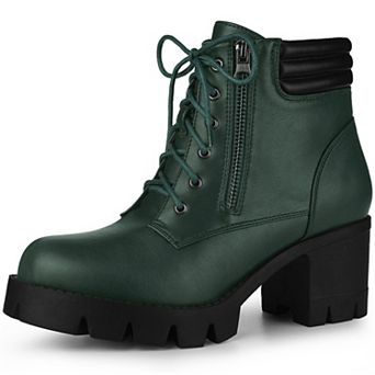 Women's Round Toe Chunky Heel Lace Up Zipper Combat Boots