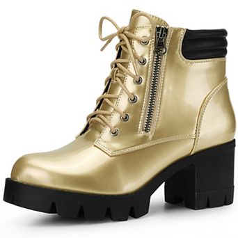 Women's Round Toe Chunky Heel Lace Up Zipper Combat Boots