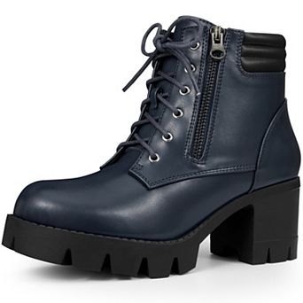 Women's Round Toe Chunky Heel Lace Up Zipper Combat Boots