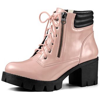 Women's Round Toe Chunky Heel Lace Up Zipper Combat Boots