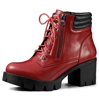 Women's Round Toe Chunky Heel Lace Up Zipper Combat Boots