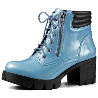 Women's Round Toe Chunky Heel Lace Up Zipper Combat Boots