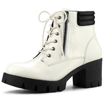 Women's Round Toe Chunky Heel Lace Up Zipper Combat Boots