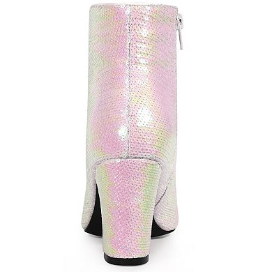 Women's Round Toe Block Heels Sequin Ankle Boots