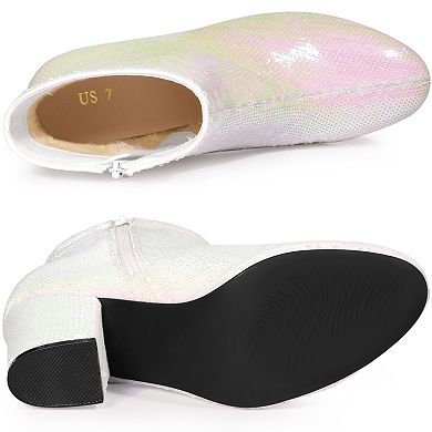 Women's Round Toe Block Heels Sequin Ankle Boots