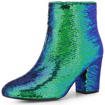 Women's Round Toe Block Heels Sequin Ankle Boots