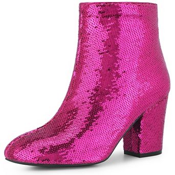Women's Round Toe Block Heels Sequin Ankle Boots