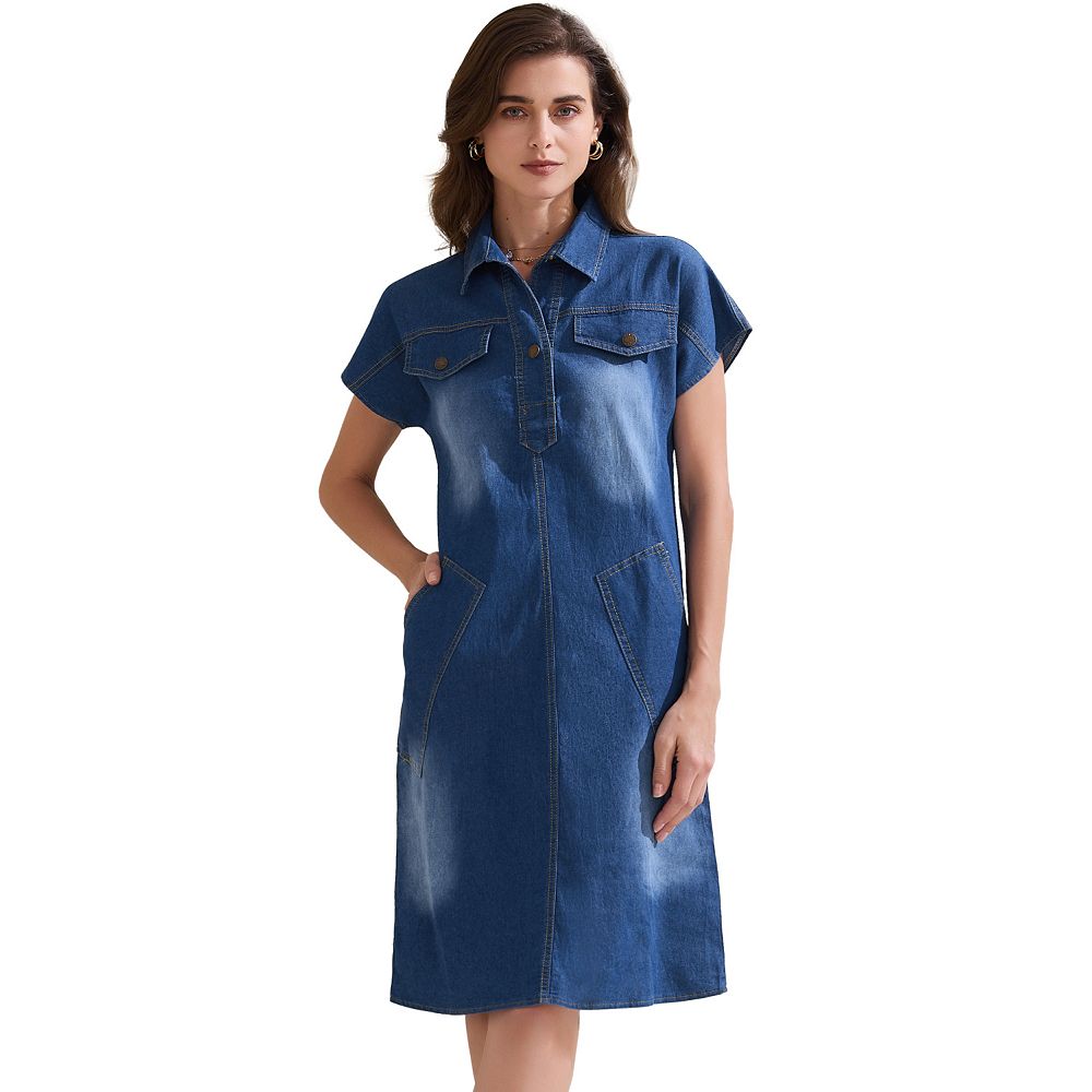 Collared Neck Tie Waist Short Sleeve Denim Dress