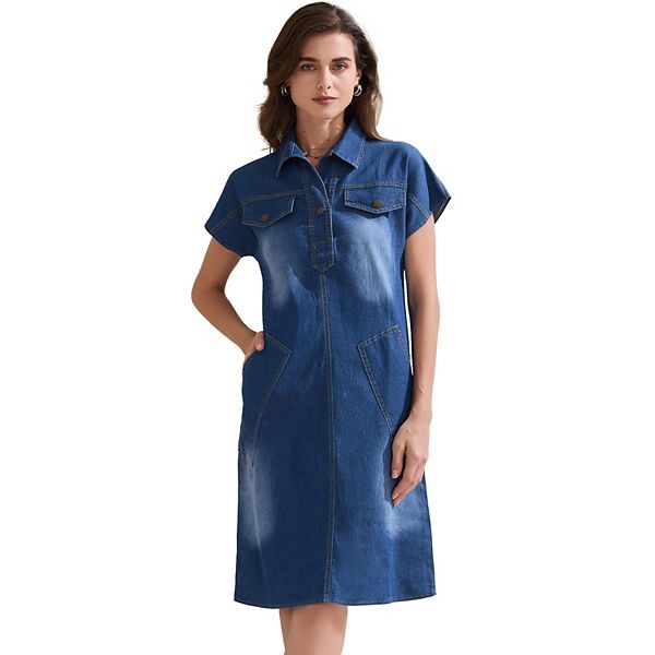Denim Pleated Slim Waist Short Sleeve Shirt Dress