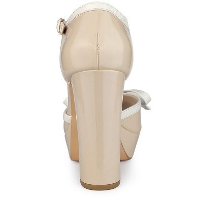 Women's Platform Bow T Strap Chunky Heels Pumps