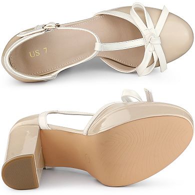 Women's Platform Bow T Strap Chunky Heels Pumps