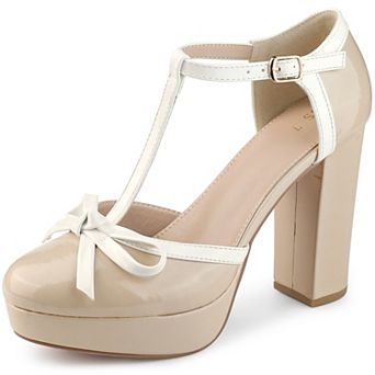 Women's Platform Bow T Strap Chunky Heels Pumps