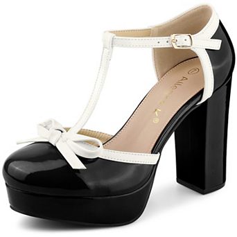 Women's Platform Bow T Strap Chunky Heels Pumps