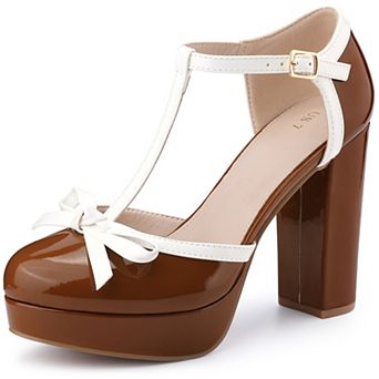 Women's Platform Bow T Strap Chunky Heels Pumps