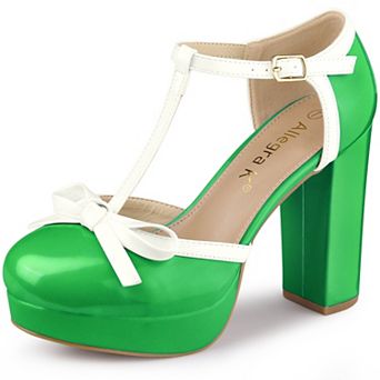Women's Platform Bow T Strap Chunky Heels Pumps