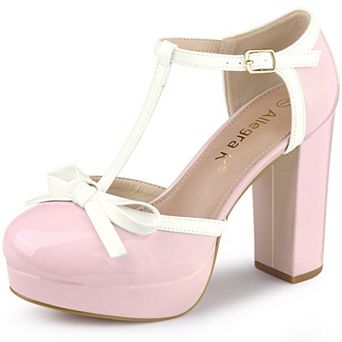 Women's Platform Bow T Strap Chunky Heels Pumps