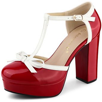 Women's Platform Bow T Strap Chunky Heels Pumps