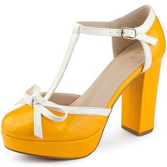 Women's Platform Bow T Strap Chunky Heels Pumps