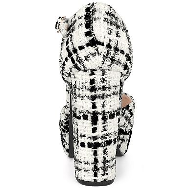 Women's Round Toe Platform Tweed Chunky Heels Pumps