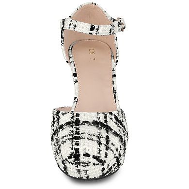 Women's Round Toe Platform Tweed Chunky Heels Pumps