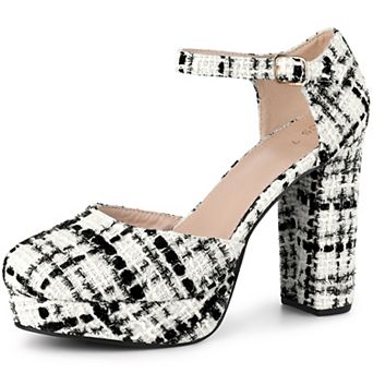 Women's Round Toe Platform Tweed Chunky Heels Pumps