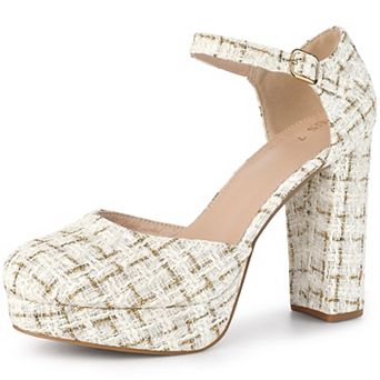 Women's Round Toe Platform Tweed Chunky Heels Pumps
