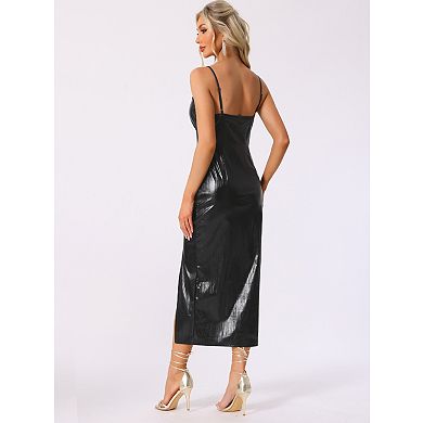 Spaghetti Strap Dresses for Women's Sparkly Metallic Deep V Neck Side Slits Club Party Midi Dress