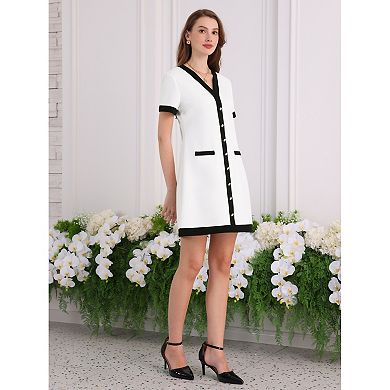 Women's Contrast Color Dress V Neck Short Sleeve Elegant Work A-Line Dresses