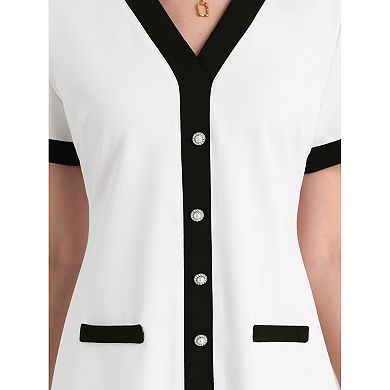 Women's Contrast Color Dress V Neck Short Sleeve Elegant Work A-Line Dresses
