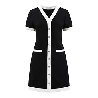 Women's Contrast Color Dress V Neck Short Sleeve Elegant Work A-Line Dresses