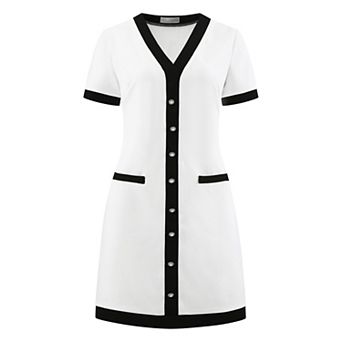 Women's Contrast Color Dress V Neck Short Sleeve Elegant Work A-Line Dresses