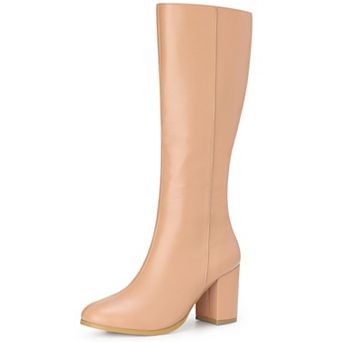 Women's Round Toe Zip Block Heels Knee High Boots