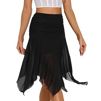 Asymmetrical Skirt for Women's High Waisted Ruched Flowy Mesh Midi Skirts