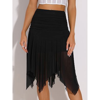 Asymmetrical Skirt for Women's High Waisted Ruched Flowy Mesh Midi Skirts
