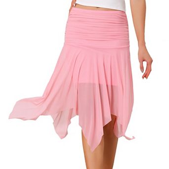 Asymmetrical Skirt for Women's High Waisted Ruched Flowy Mesh Midi Skirts