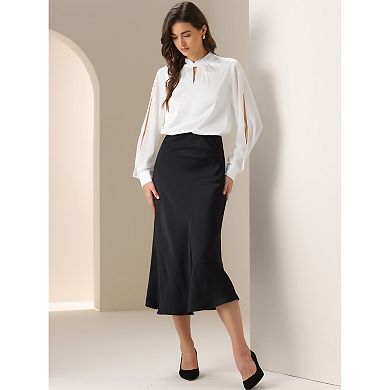 Satin Blouse for Women's Casual Office Twist Keyhole Neck Chiffon Slit Sleeve Tops